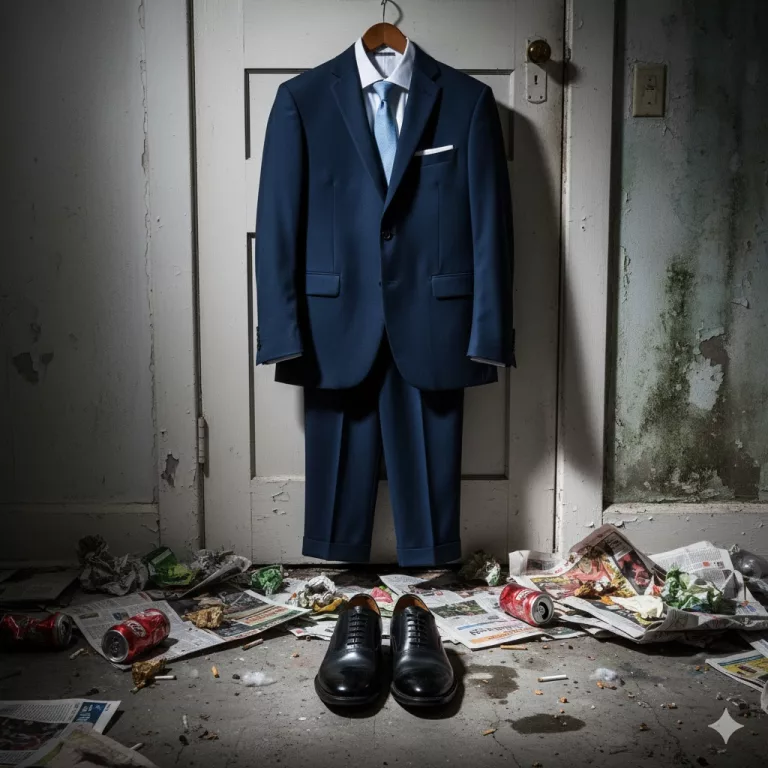 Traje elegante colgado sobre una puerta, rodeado de basura en el piso, como metáfora del poder prolijo en medio del desastre.