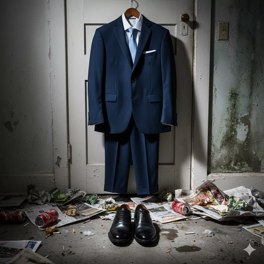 Traje elegante colgado sobre una puerta, rodeado de basura en el piso, como metáfora del poder prolijo en medio del desastre.