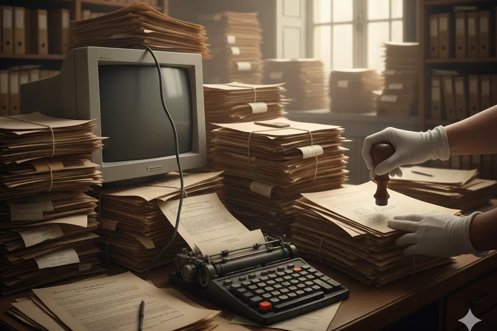 Expedientes y planillas en papel en un escritorio, simbolizando el retroceso de la transparencia digital en Guaymallén