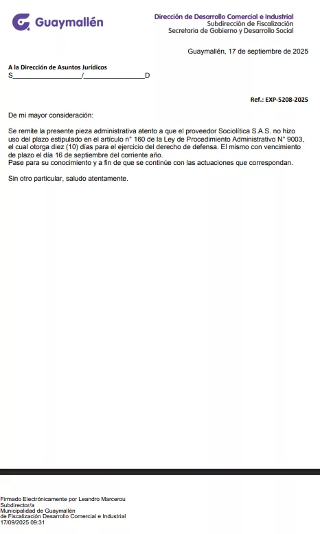 Nota administrativa del expediente EXP-5208-2025, firmada por el Subdirector de Fiscalización de la Dirección de Desarrollo Comercial e Industrial, vinculada al proceso de sanción en el Censo de Comercios.