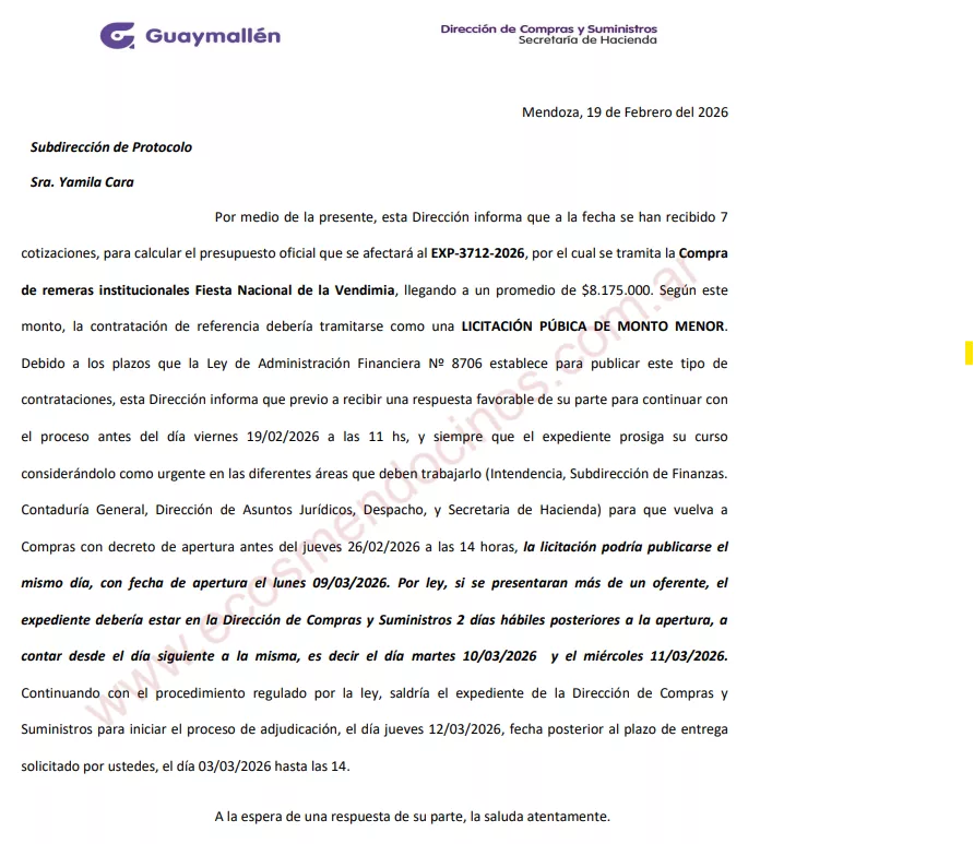 Documento interno que detalla valores de cotizaciones y plazos de entrega en la compra vendimial en Guaymallén
