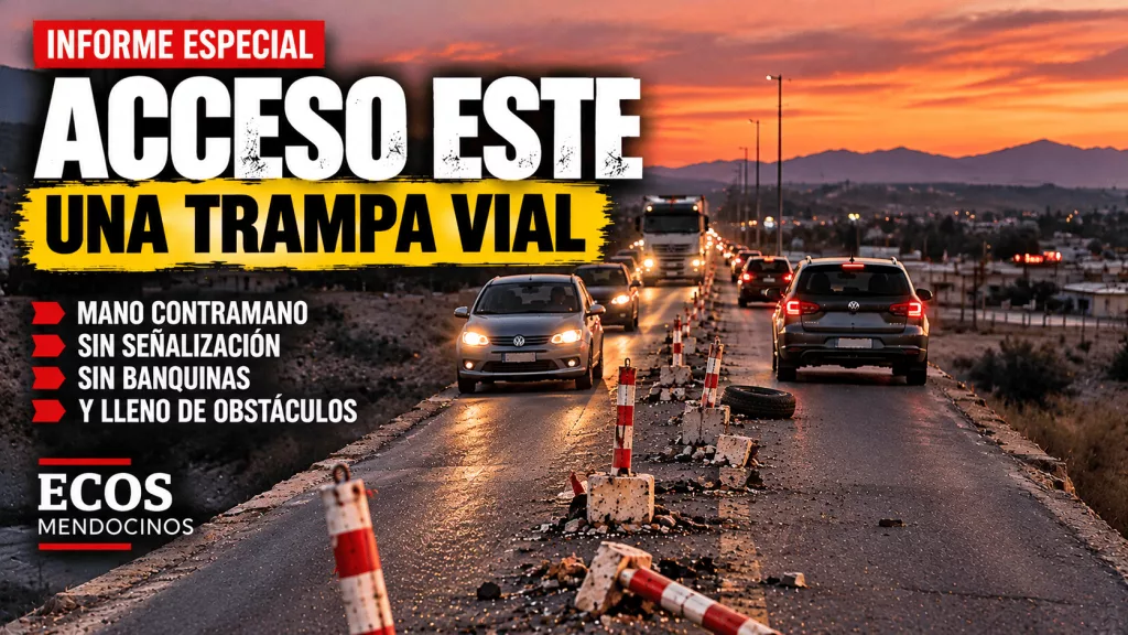 Portada ilustrativa de Ecos Mendocinos sobre los peligros en las obras del Acceso Este de Mendoza, entre Guaymallén y San Martín. La imagen recrea vehículos circulando en sentidos opuestos, separados por postes reflectivos blancos y rojos, con bases de cemento rotas, escombros y una cubierta de camión sobre la calzada. La composición muestra la falta de banquinas y advierte sobre las deficientes condiciones de seguridad vial durante los trabajos.