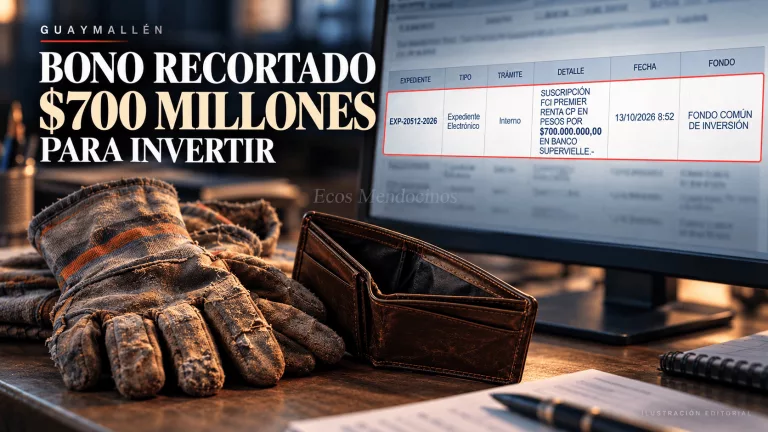 Ilustración editorial con guantes de trabajo, billetera vacía y un expediente de Guaymallén para invertir $700 millones tras anunciar la quita del bono.