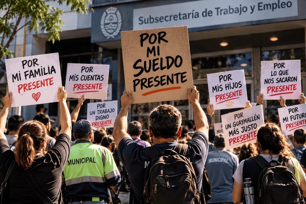 Ilustración de empleados municipales de Guaymallén con pancartas que dicen «Por mi sueldo presente», «Por mi familia presente» y «Por mis hijos presente», frente a la Subsecretaría de Trabajo.