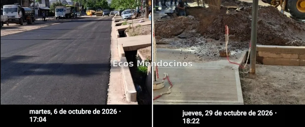Comparativa de avenida Mitre en Guaymallén: pavimento nuevo en una captura fechada el 6 de octubre y excavación el 29 de octubre de 2026.