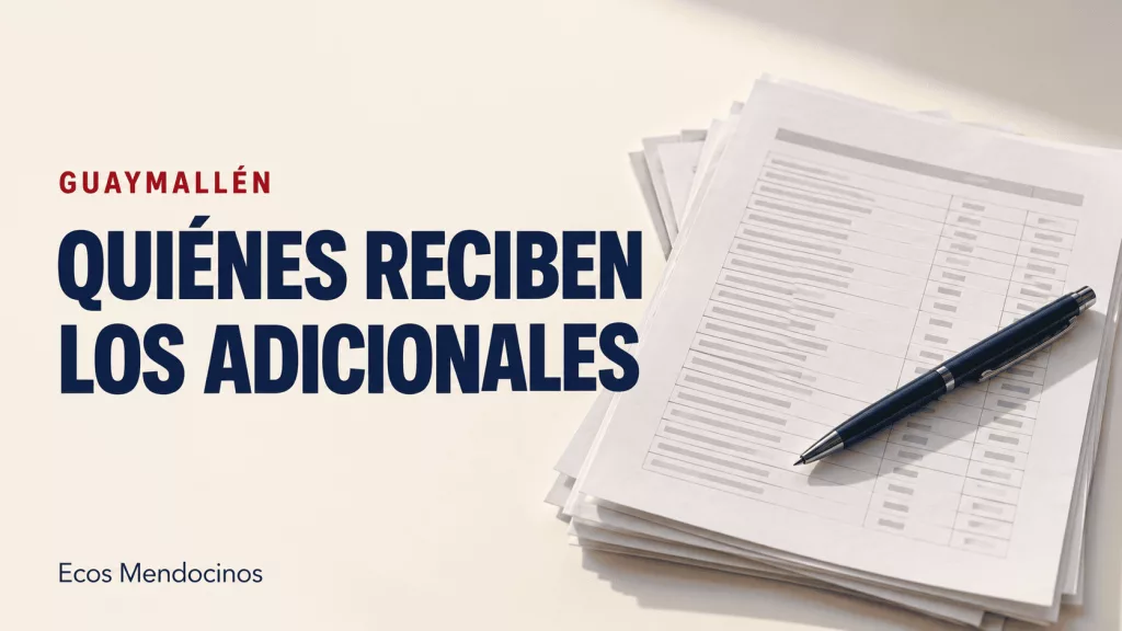 Ilustración de planillas y una lapicera, con el título «Guaymallén: quiénes reciben los adicionales» y la firma Ecos Mendocinos.